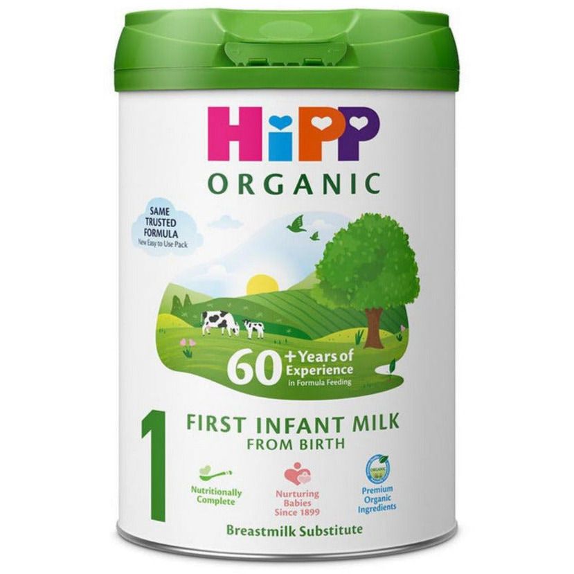 HiPP UK Organic First Infant Milk (Stage 1) can with green lid highlighting 60 years experience and natural ingredients