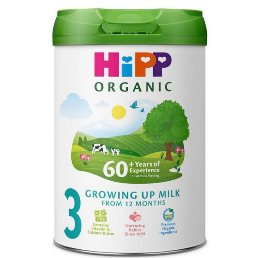 HiPP UK Organic Toddler Milk (Stage 3) container with green lid and countryside illustration on label