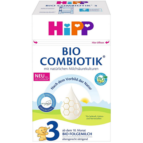 HiPP German Organic Follow On Milk (Stage 3) in eco-friendly packaging for babies from 10 months onward.