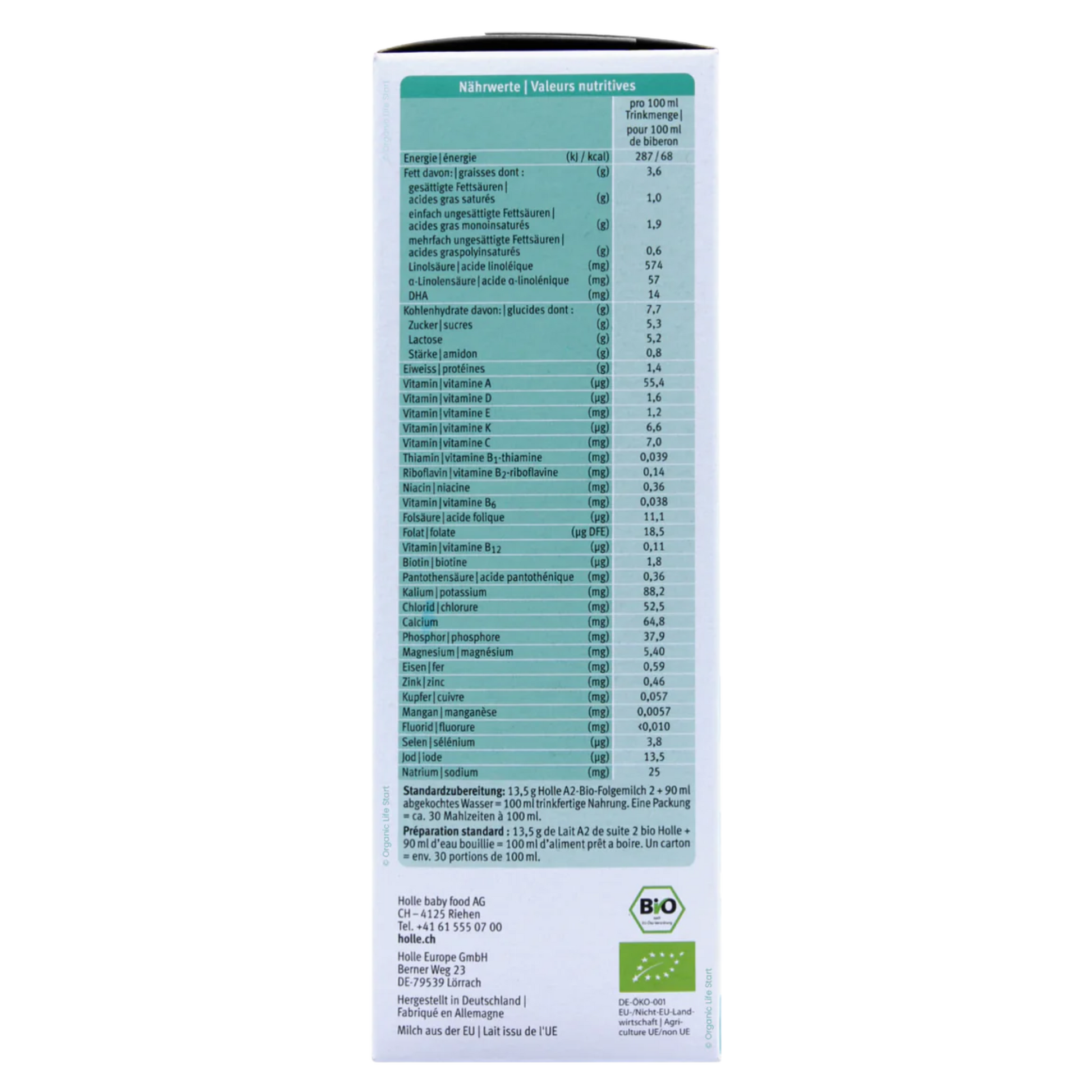 Nutritional information label on a product packaging with a white background