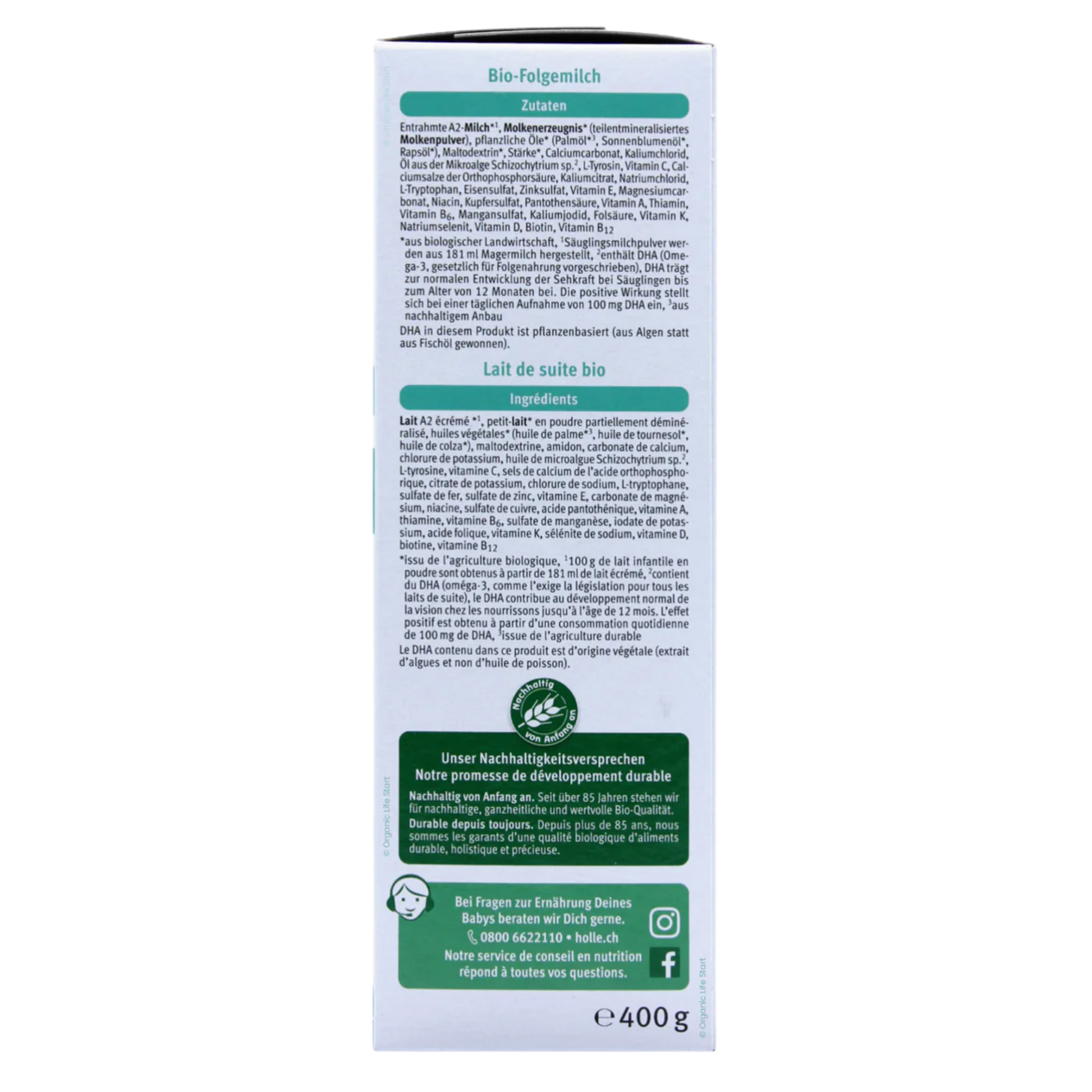 Back view of a food product packaging with text and logos on a white background