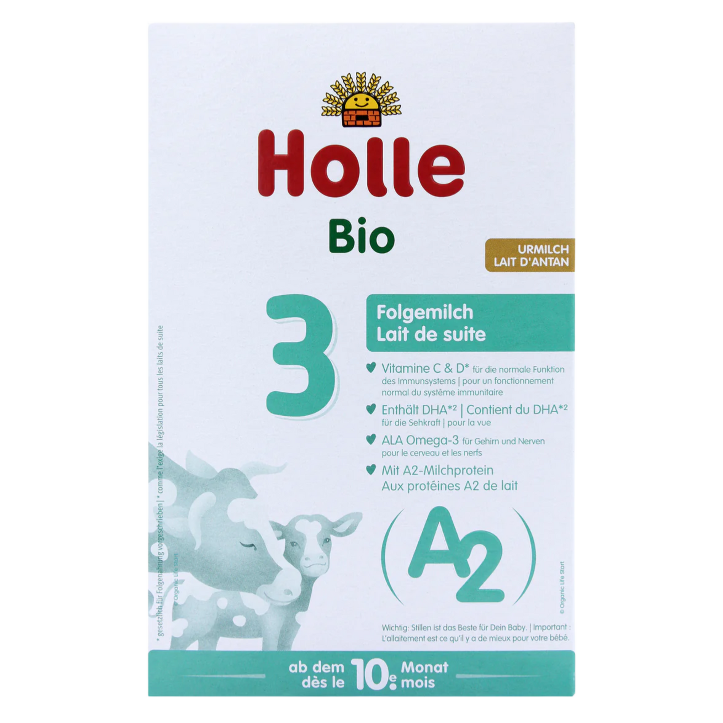 Holle Bio baby formula package with cow illustration on a white background