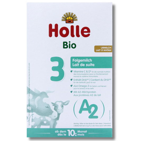 Holle Bio baby formula package with cow illustration on a white background