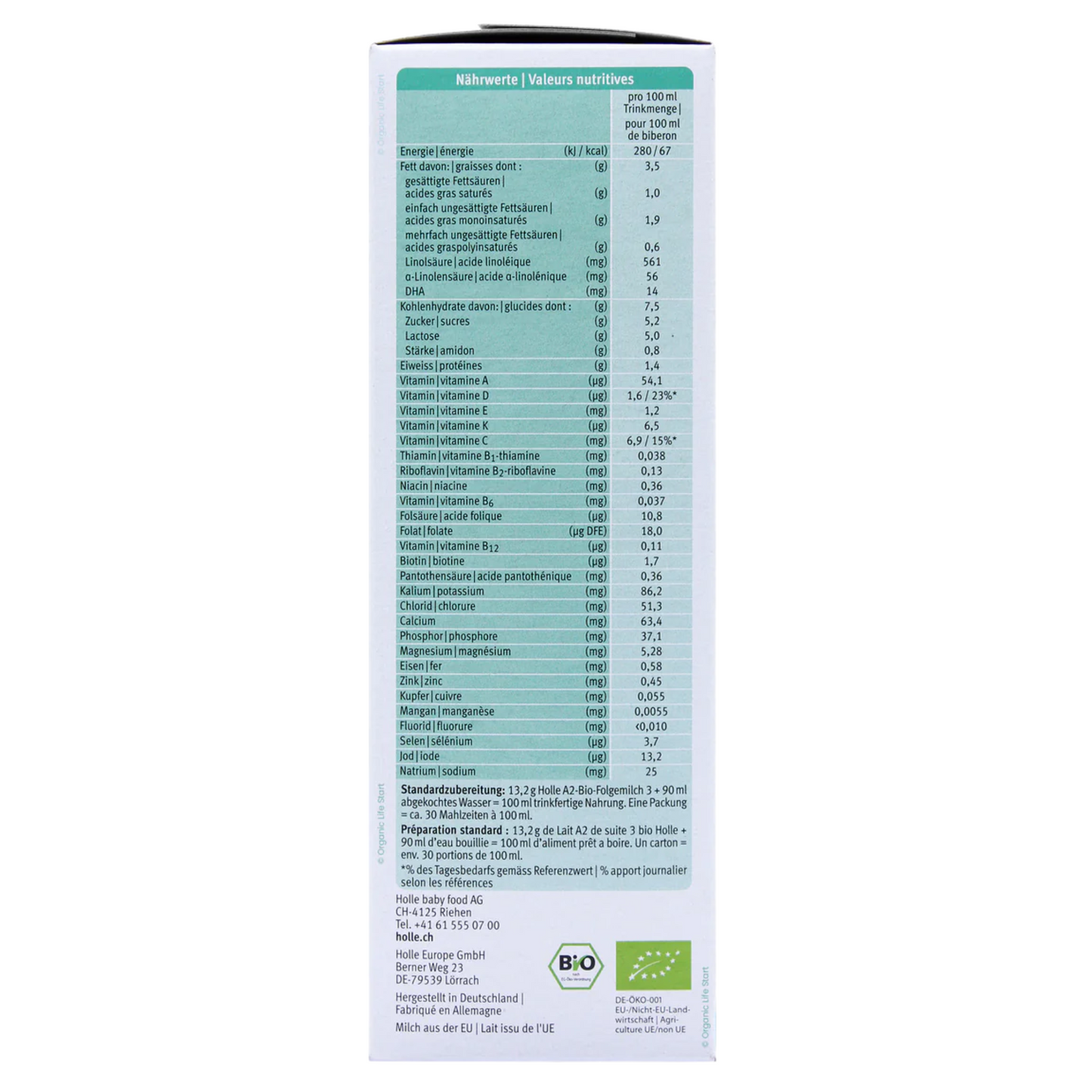 Nutritional information label on a product packaging with a white background