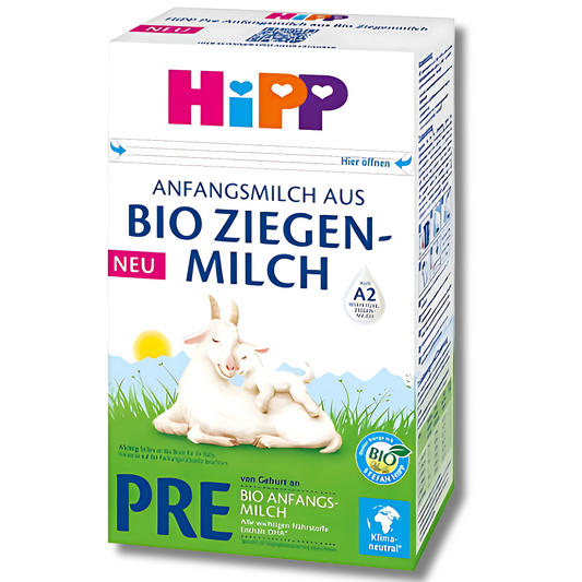 HiPP German Organic Goat Infant Formula (stage PRE) packaging with goat illustration and organic certification labels
