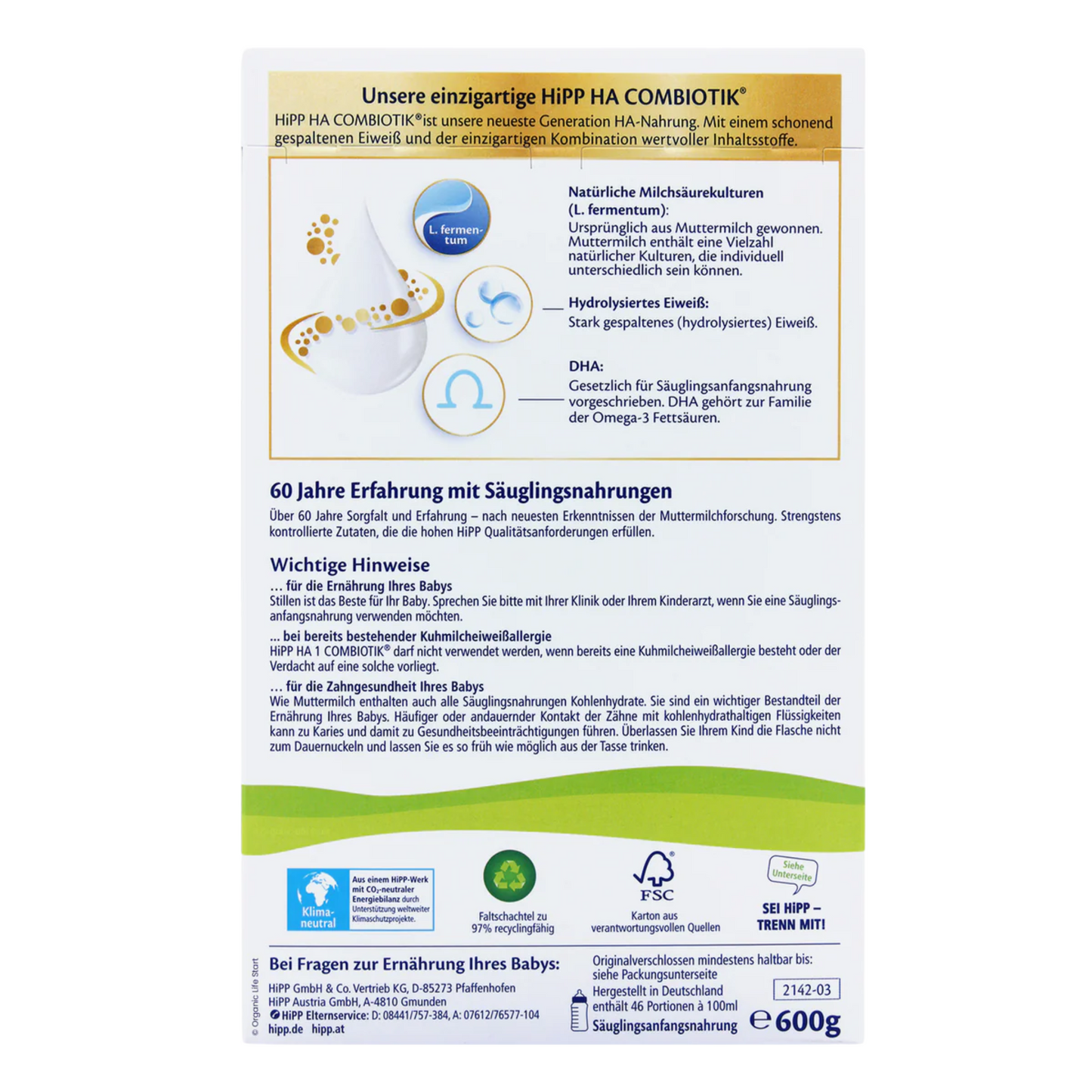 HiPP German Hypoallergenic Formula HA Stage 1 – reduced allergy risk infant formula made in Germany, 600g