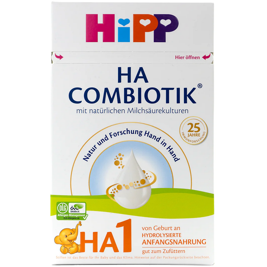 HiPP German Hypoallergenic Infant Formula (HA1) box showing natural probiotic formula for sensitive babies.