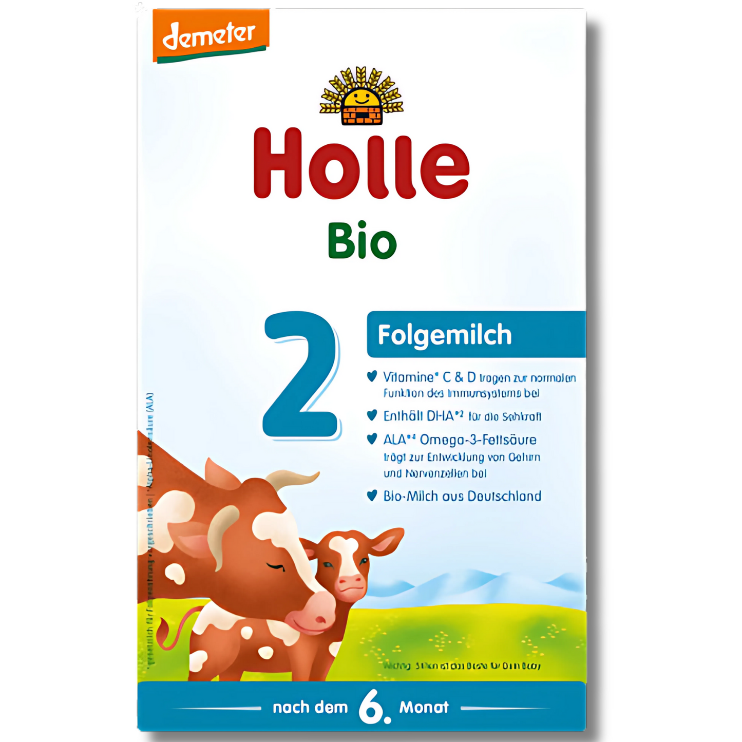 Holle Bio Organic Infant Formula (stage 2) packaging with cow illustration, promoting vitamins and organic milk from Germany.