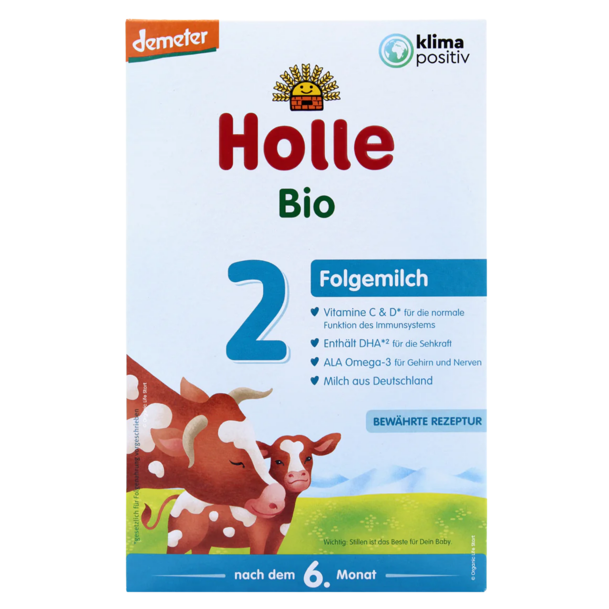 Holle Bio Organic Infant Formula (stage 2) box with cow illustration, blue number 2, and organic certifications visible