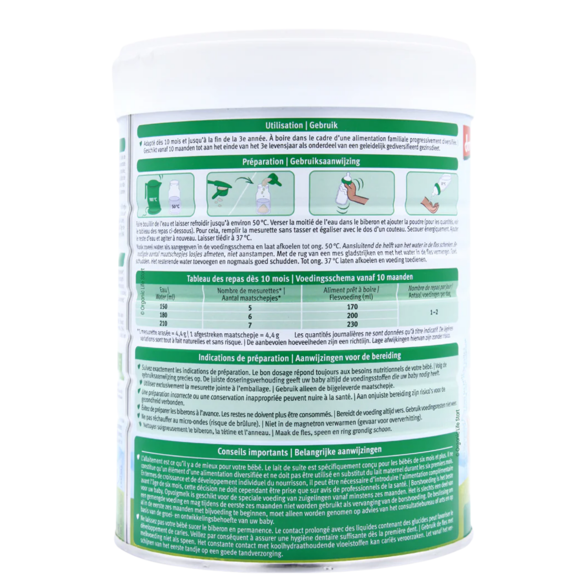 Back label of a container with text and icons on a white background