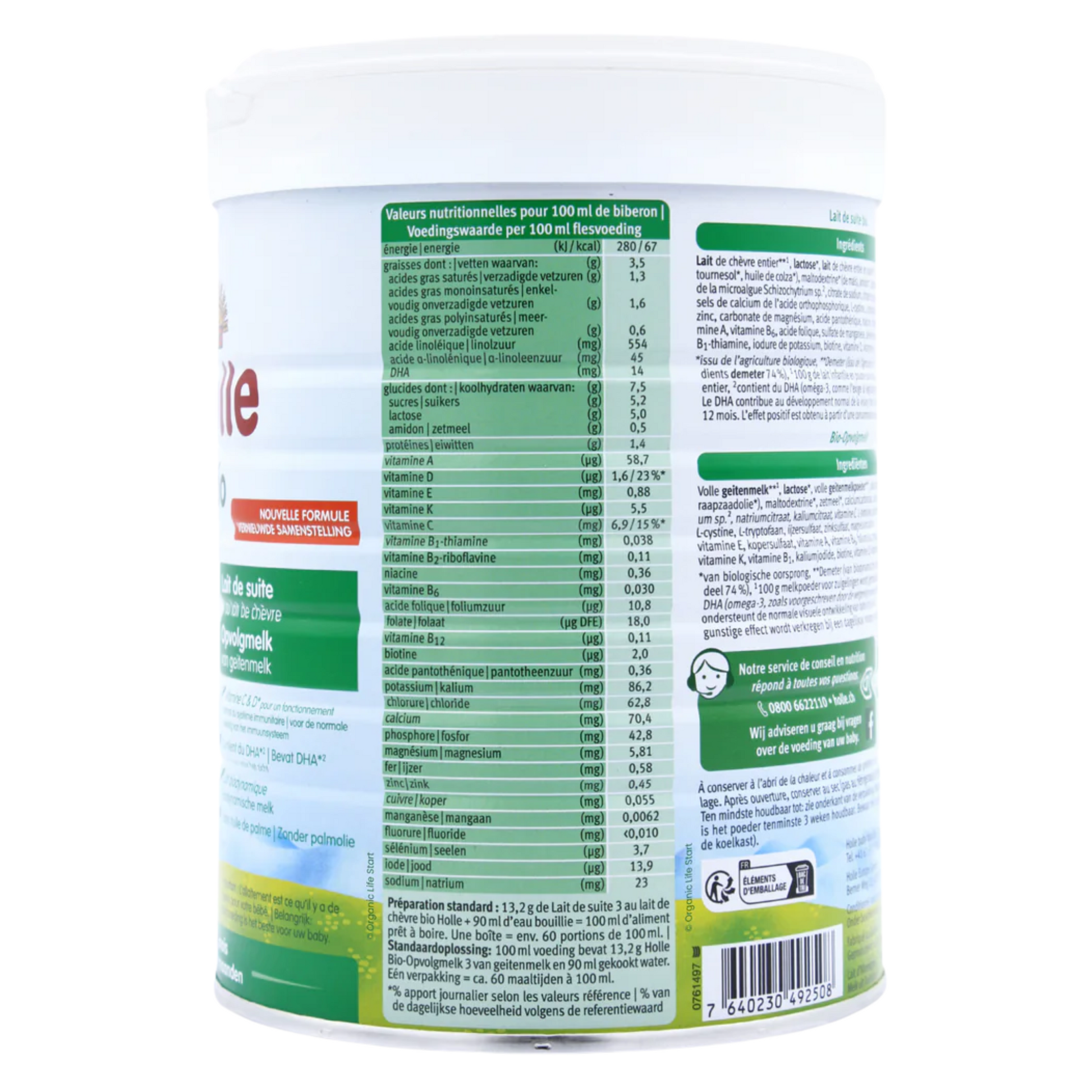 Nutritional information label on a container of baby formula