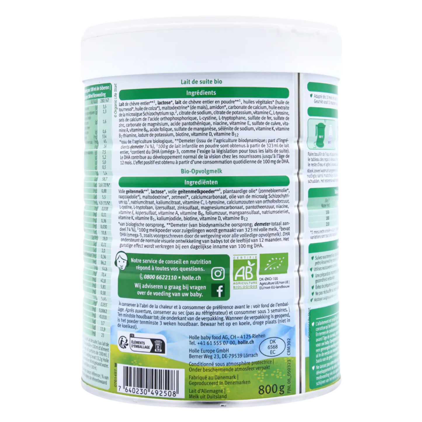 Back view of a green and white container with text and logos on a white background