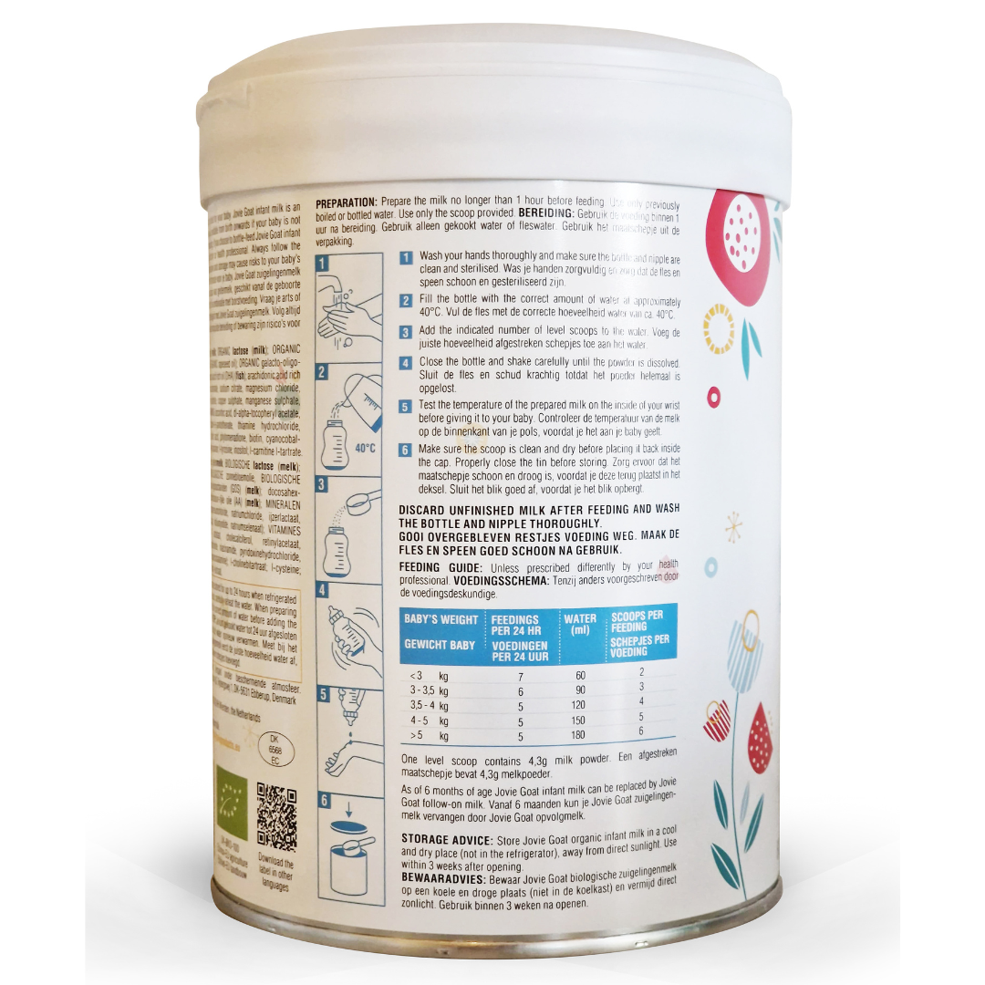 Jovie Organic Goat Milk Infant Formula Stage 1 – back of can showing preparation instructions, nutrition table and ingredients, 800g