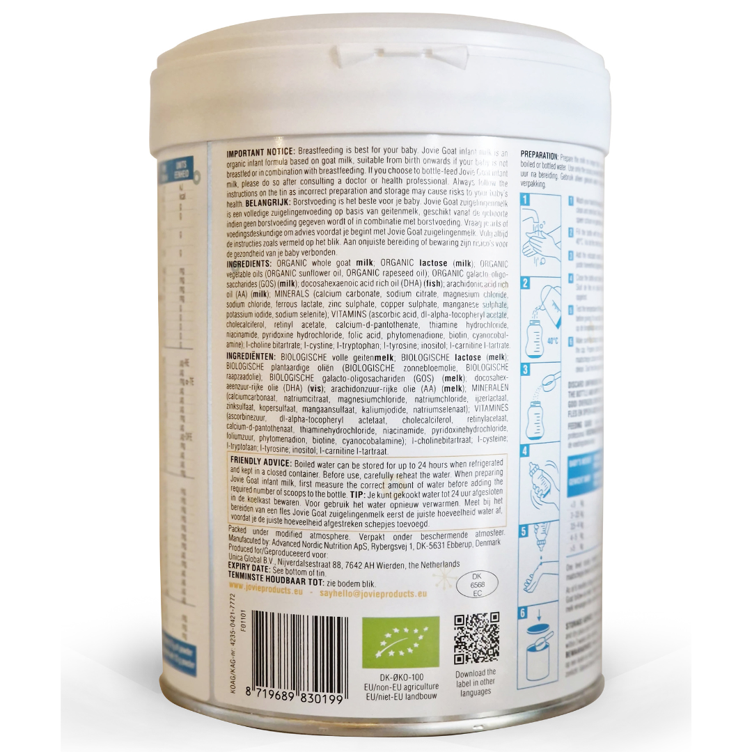 ovie Stage 1 goat milk formula tin – organic European infant formula with HMOs, A2 proteins and prebiotics, free from GMOs