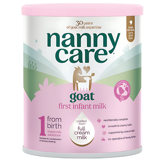 Nanny Care goat first infant milk powder can on a white background