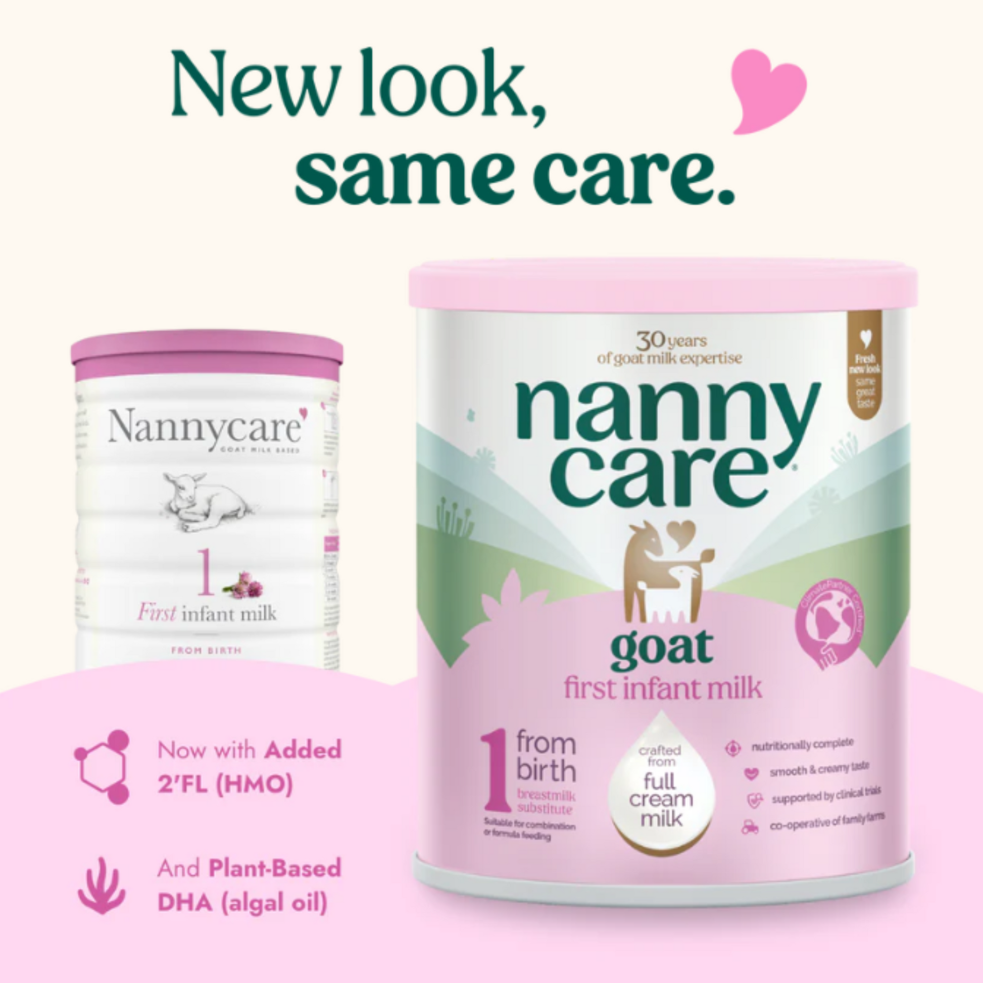 Two containers of Nanny Care goat milk with text 'New look, same care' on a pink background.
