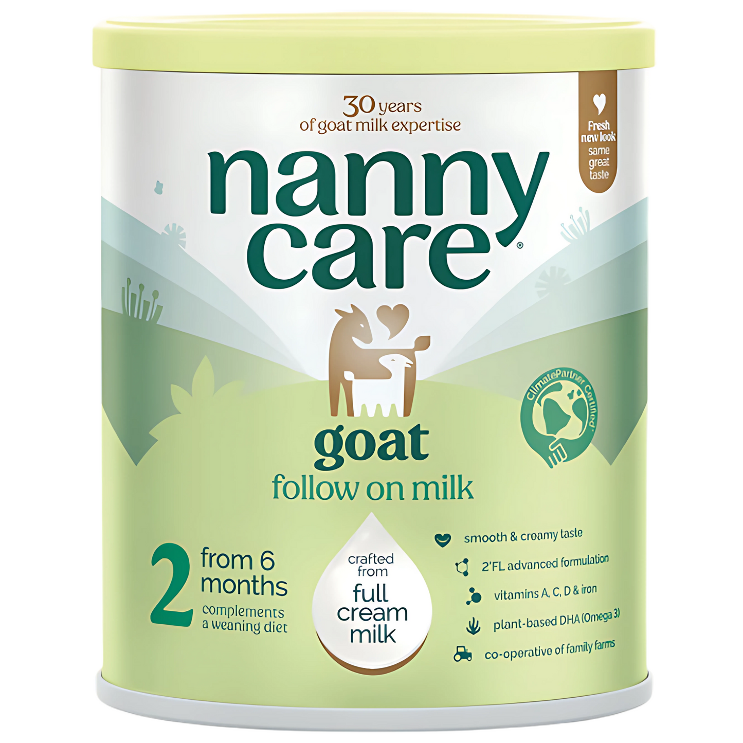 Nanny Care goat follow on milk canister on a white background