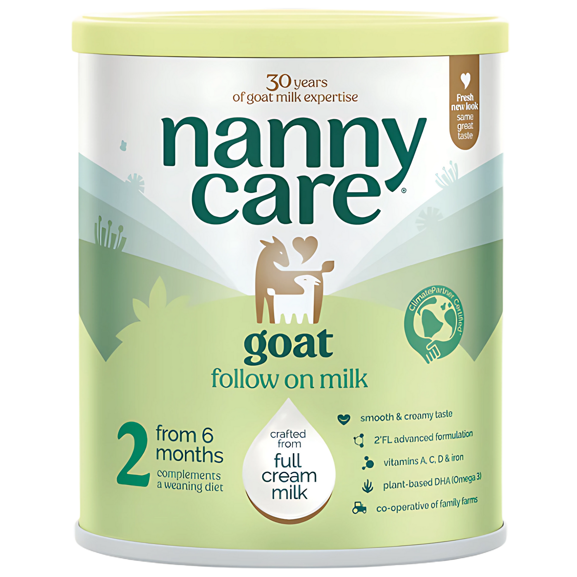 Nanny Care goat follow on milk canister on a white background