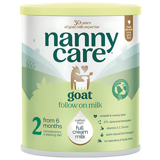 Nanny Care goat follow on milk canister on a white background