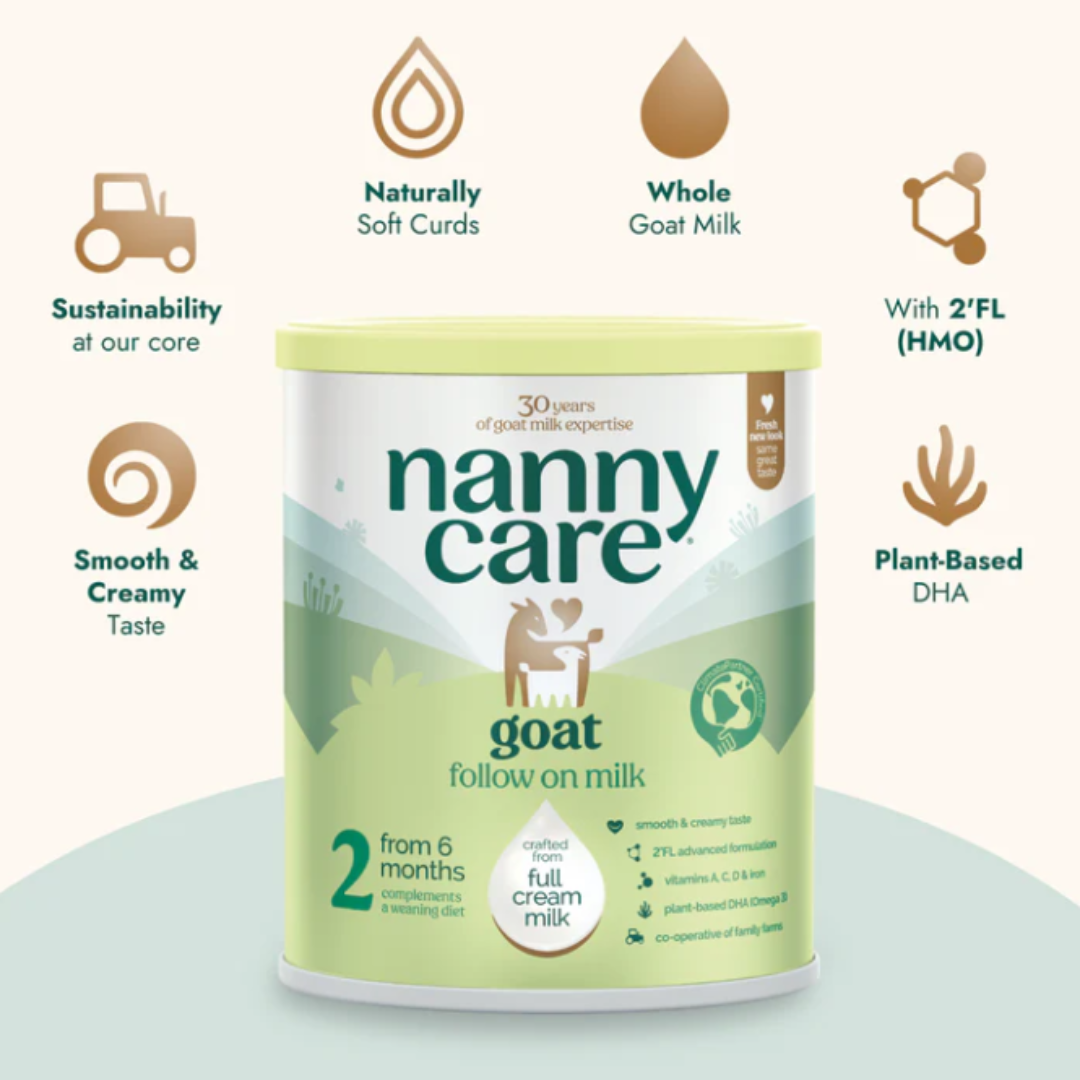 Nanny Care goat follow on milk container with features listed on a white background