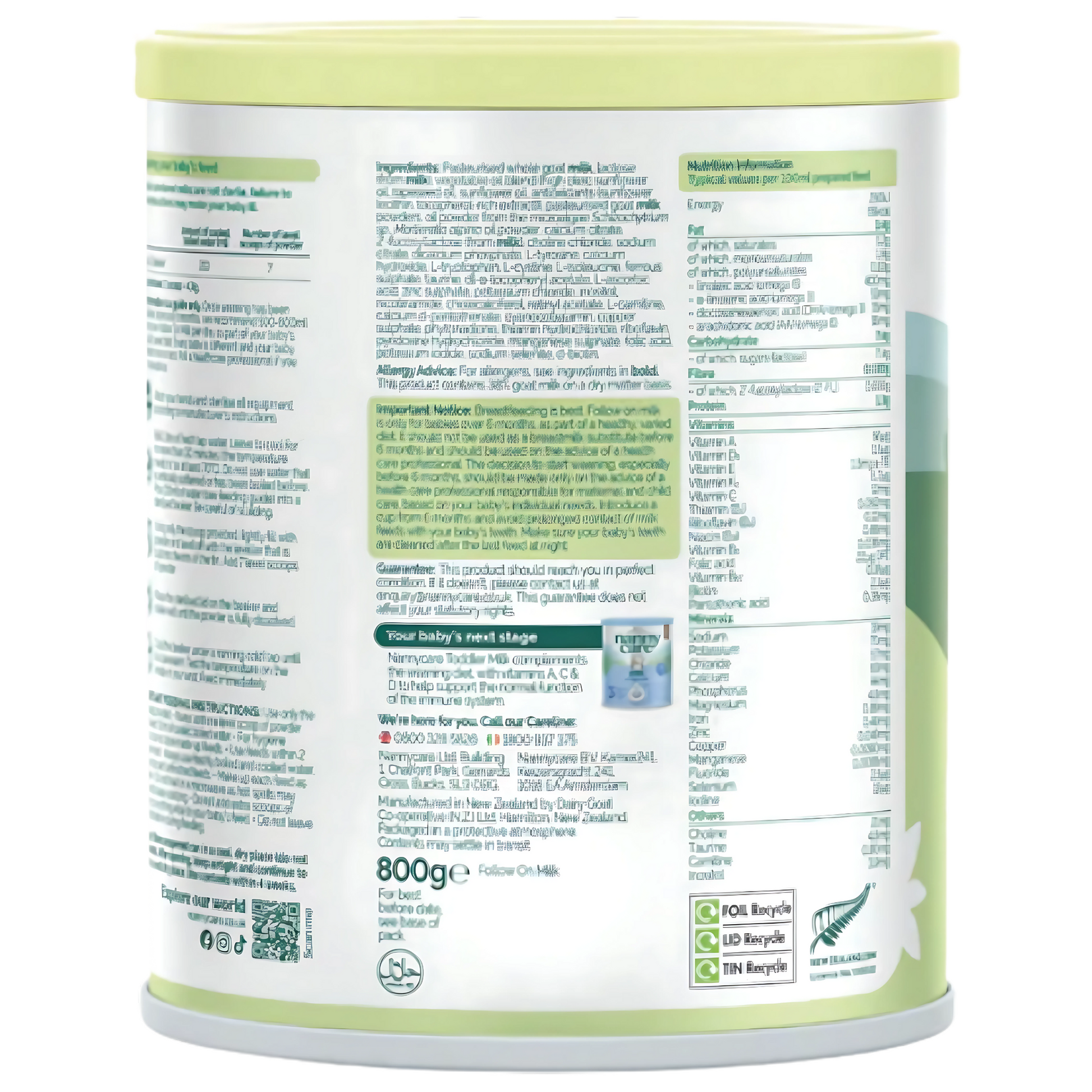 Back view of a baby formula can with text and branding