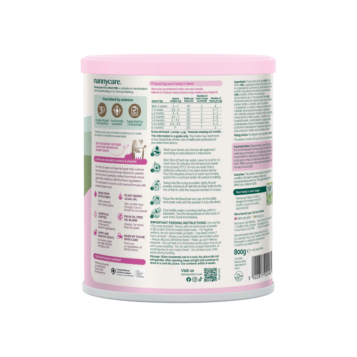 NANNYcare Stage 1 Goat Milk Formula ingredients and nutritional information label 900g