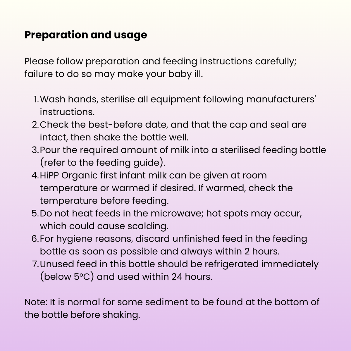 Preparation and usage instructions for a baby formula product on a light purple background