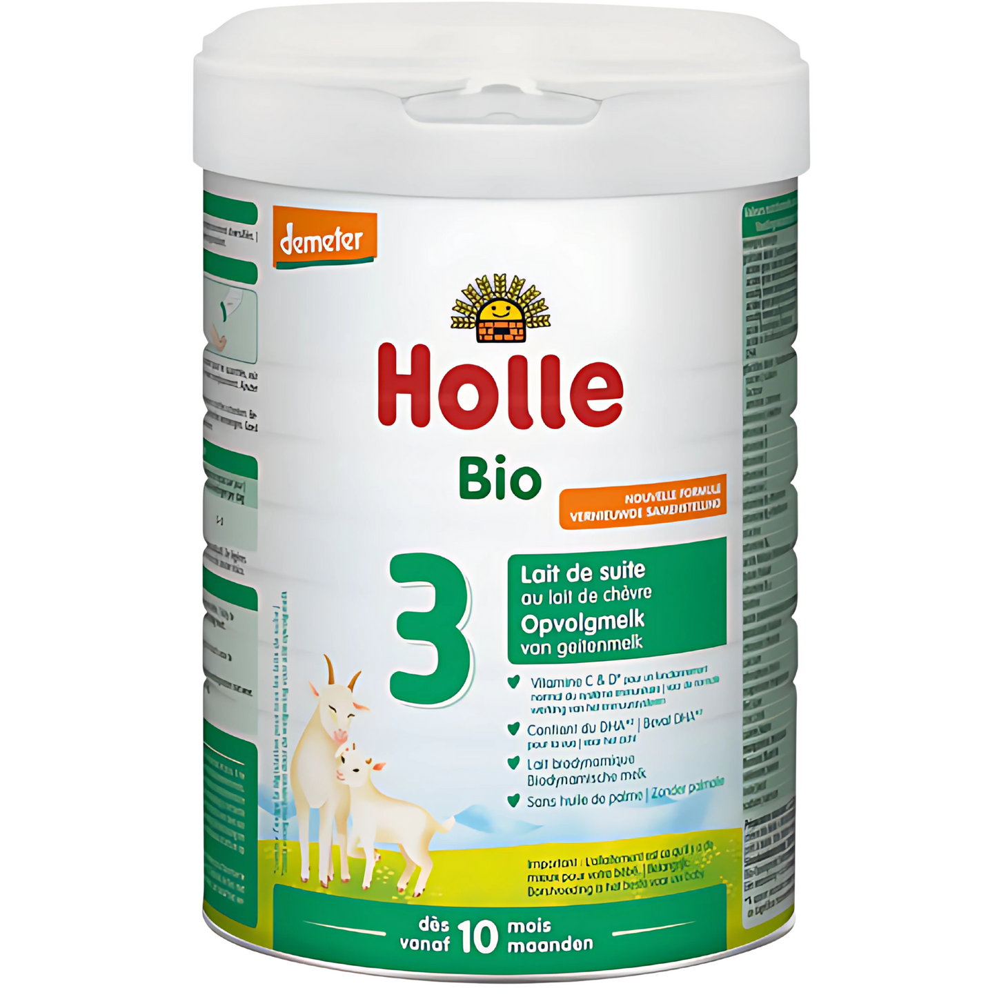 Holle Bio baby formula container on a white background