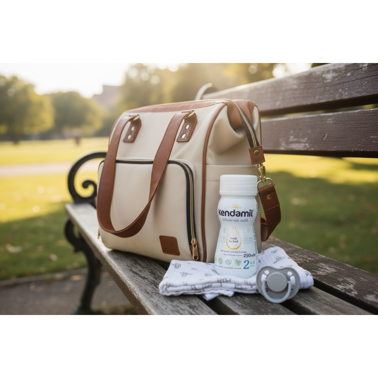 Kendamil Follow On Milk Ready To Feed Stage 2 250ml in a stylish diaper bag on a park bench with baby essentials