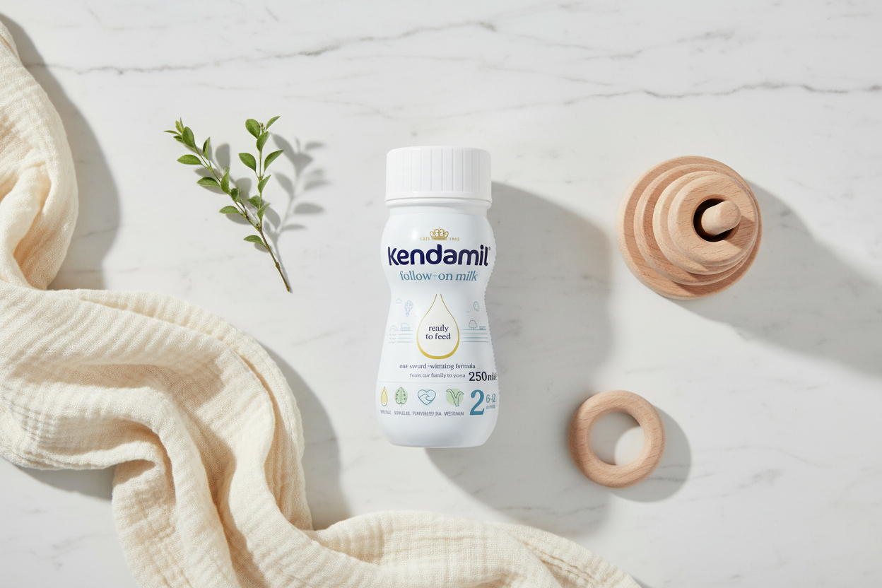 Kendamil Follow On Milk Ready To Feed Stage 2 250ml flat-lay on white marble with natural props
