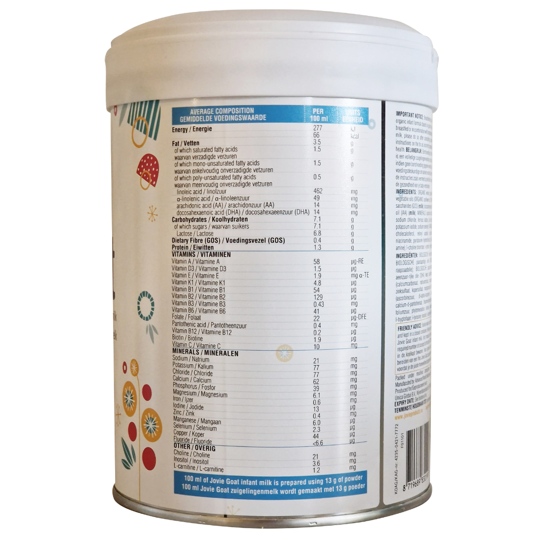 Jovie Organic Goat Milk Formula Stage 1 – natural lactose-based infant formula made from whole goat milk, suitable from birth