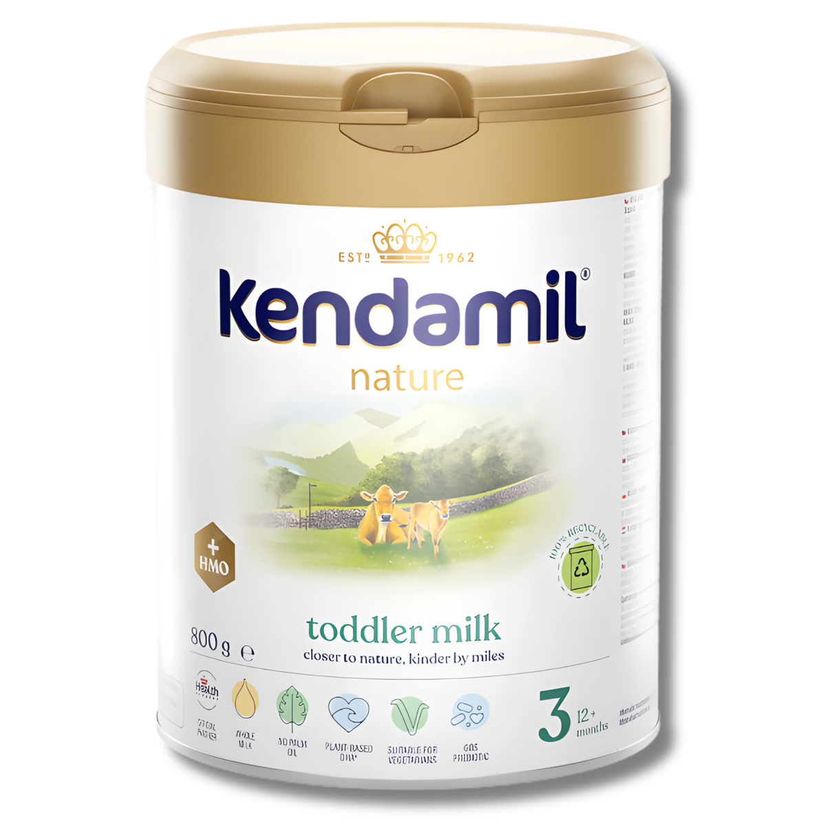 Kendamil toddler milk powder can on a white background