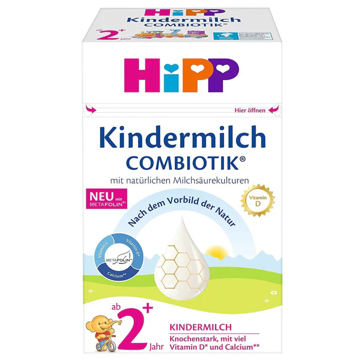 HiPP German Kindermilch 2+ packaging showing organic infant formula for toddlers with vitamins and calcium benefits.